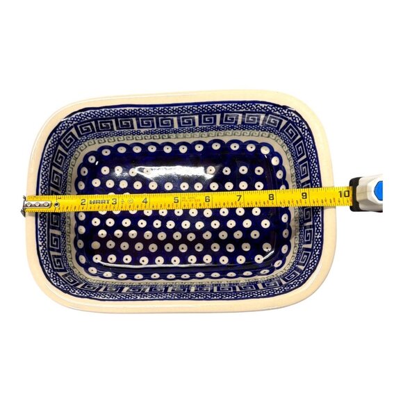 Boleslawiec Polish Pottery Peacock Baking Dish Loaf Pan Blue Red Dots Signed - Picture 6 of 10